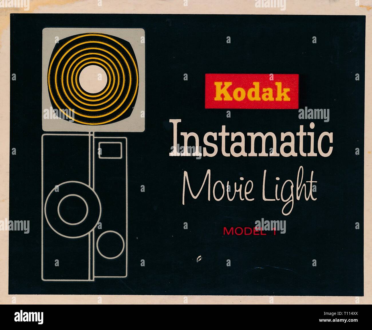 Product box label for the Kodak Instamatic Movie Light, an extremely bright light used with 8mm home movie cameras, including an illustration of the light installed on a camera, 1960. () Stock Photo