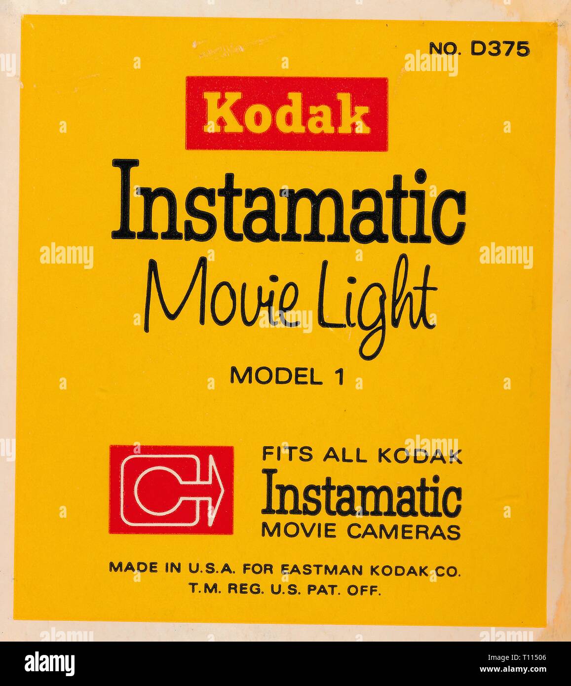 Product box label for the Kodak Instamatic Movie Light, an extremely bright light used with 8mm home movie cameras, 1960. () Stock Photo