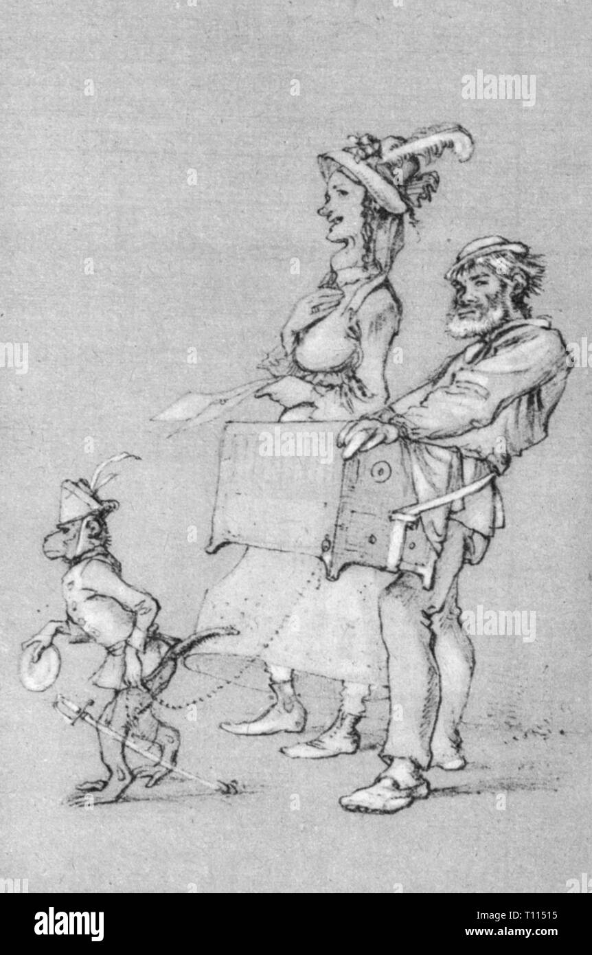 music, musician, buskers, drawing, first half 19th century, Biedermeier ...