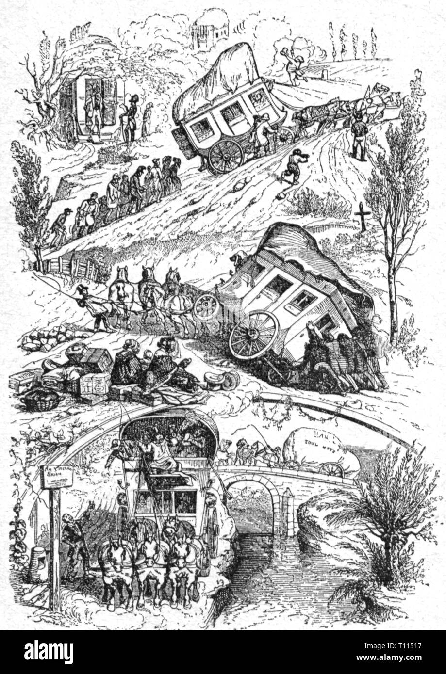 mail, stagecoach, the jeopardies of the stagecoach, wood engraving, after caricature, France, 1st half 19th century, crash, crashes, accident, accidents, danger, dangers, steep road, walking, walk, pushing, shove, shoving, mountains, mountain, satire, cartoon, cartoons, passengers, passenger, coach, carriage, coaches, carriages, transport, transportation, roads, people, horse, horses, mail, post, jeopardy, jeopardies, stagecoach, stagecoaches, caricature, caricatures, historic, historical, Additional-Rights-Clearance-Info-Not-Available Stock Photo