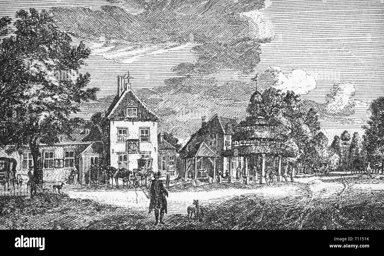 mail, post stations, coaching inn of the family Schoepplenberg in Cleves, exterior view, copper engraving, 1745 tavern, restaurant, taverns, inn, inns, hostel, hostels, post station, posting house, station, stations, people, street, streets, house, houses, Prussian state post, Duchy of Cleves, Kingdom of Prussia, Germany, Holy Roman Empire, HRE, 18th century, mail, post, family, families, historic, historical, Schopplenberg, Schöpplenberg, Additional-Rights-Clearance-Info-Not-Available Stock Photo