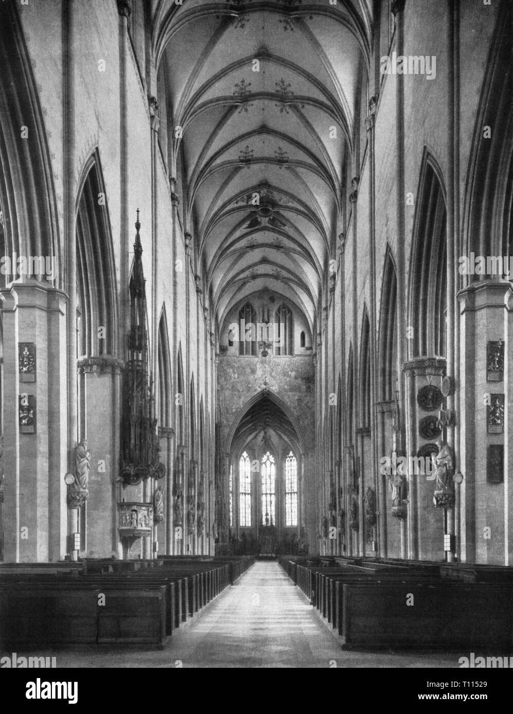 geography / travel, Germany, Baden-Wuerttemberg,Ulm, churches, Ulm minster, built 1377 - 1890, interior view, longhouse with chancel, 1937, religion, religions, Christianity, Middle Ages, medieval, mediaeval, Gothic style, Gothic period, gotisch, cross vault, cross vaults, vault, vaults, Southern Germany, the South of Germany, Germany, Central Europe, Europe, beadhouse, bedehouse, sacred building, sacred buildings, architecture, 20th century, 1930s, Baden-Wuerttemberg, Baden Wuerttemberg, Wuertemberg, Baden-Wurtemberg, Wurtemberg, Wurttemberg, Ba, Additional-Rights-Clearance-Info-Not-Available Stock Photo