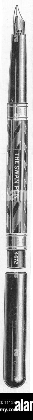 writing, writing utensil, fountain pen, Swan fountain pen with end cap, Mabie Todd Limited, London, wood engraving, 1900, Artist's Copyright has not to be cleared Stock Photo