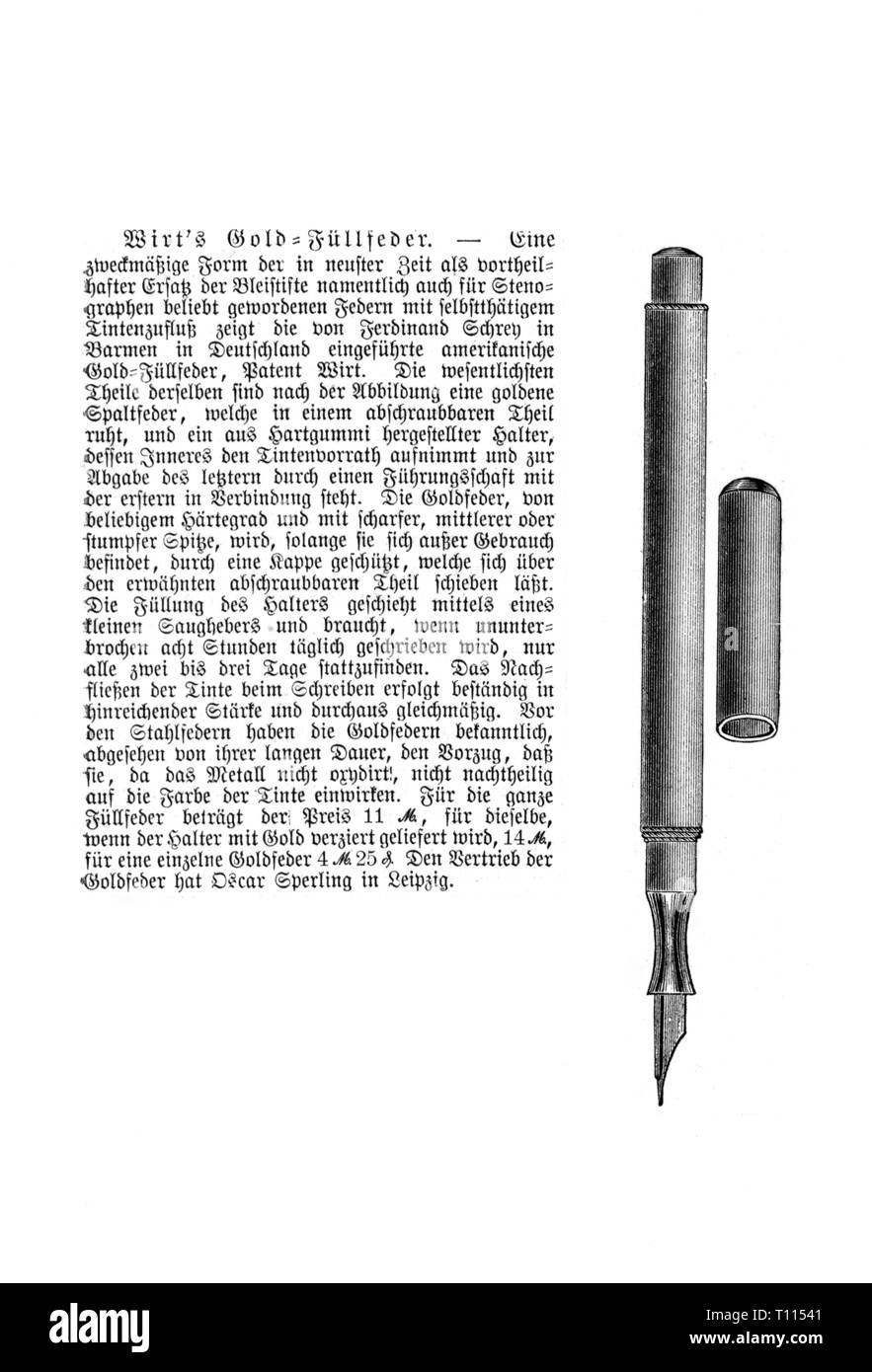 writing, writing utensil, fountain pen, gold fountain pen of the Wirt Company, Bloomsburg, Pennsylvania, wood engraving, 1888, Artist's Copyright has not to be cleared Stock Photo