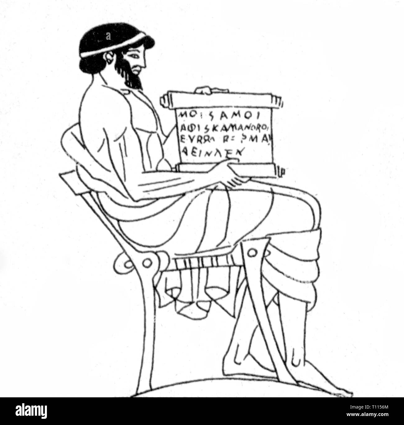 people, activities, reading, a Greek is reading in a scroll, based on vase painting by Duoris, Athens, circa 480 BC, wood engraving, 19th century, book, books, papyrus, papyrus scroll, reader, readers, sitting sitting, literature, leisure time, free time, spare time, ancient world, ancient times, Greece, man, men, male, manly, activities, activity, Greek, Grecian, reading, read, historic, historical, Artist's Copyright has not to be cleared Stock Photo