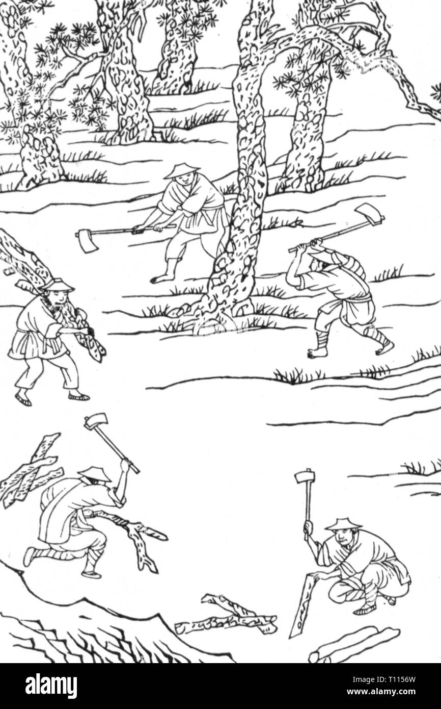 industry, stationery, ink, fabrication of Chinese ink, felling of the pines, woodcut, 1573 - 1619, Artist's Copyright has not to be cleared Stock Photo
