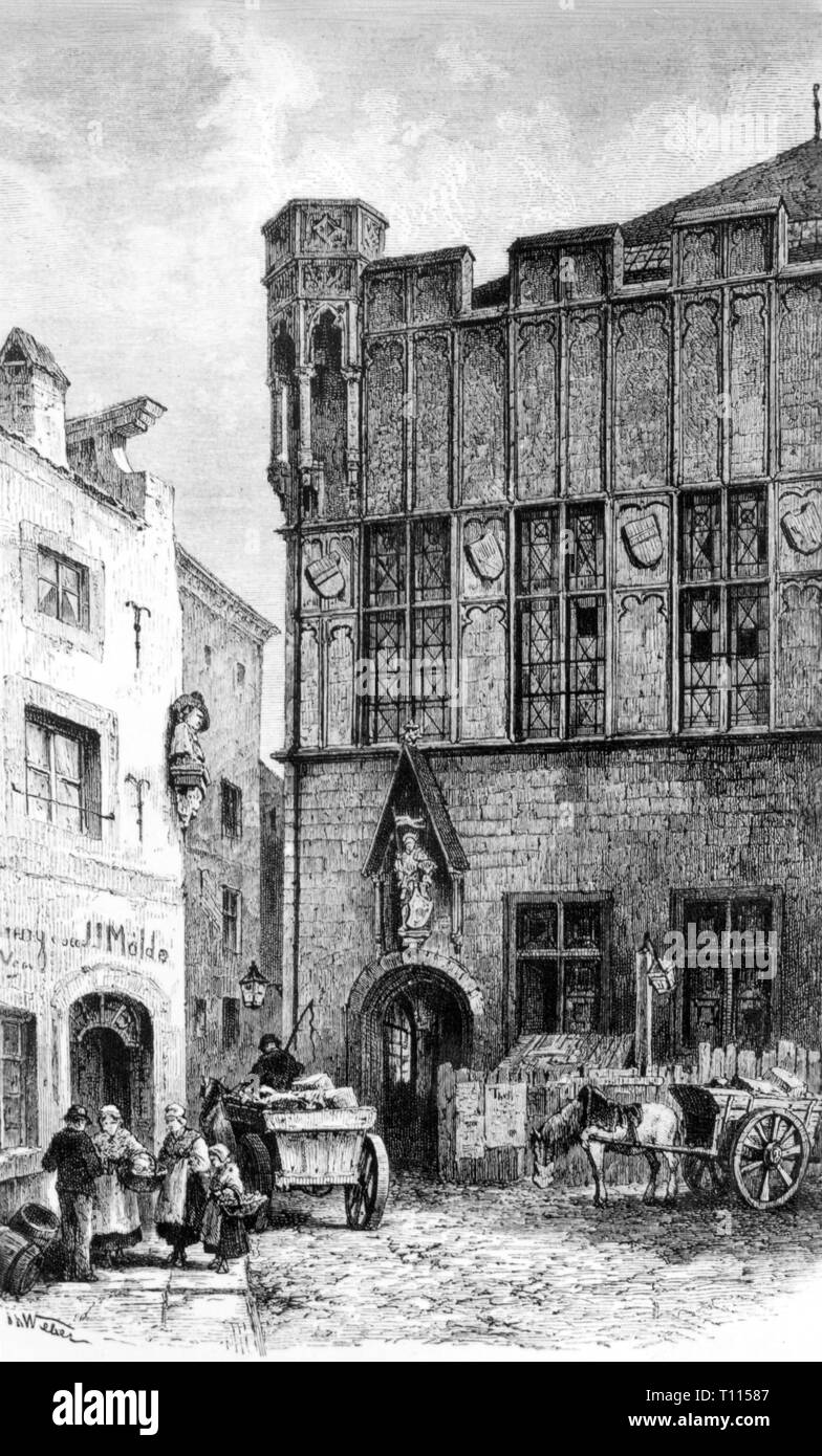 Germany, cities and communities, Cologne, building, House Guerzenich, exterior view, wood engraving by Adolf Closs after drawing by Theodor Alexander Weber, 1875 city, people, trade, store, stores, shop, shops, J. J. Mölde, houses, street, streets, lane, lanes, cart, carts, horse-drawn vehicle, transport, transportation, Rhineland, North Rhine-Westphalia, Kingdom of Prussia, Rhine Province, German Empire, Imperial Era, Europe, 19th century, building, buildings, historic, historical, Gurzenich, Gürzenich, Artist's Copyright has not to be cleared Stock Photo