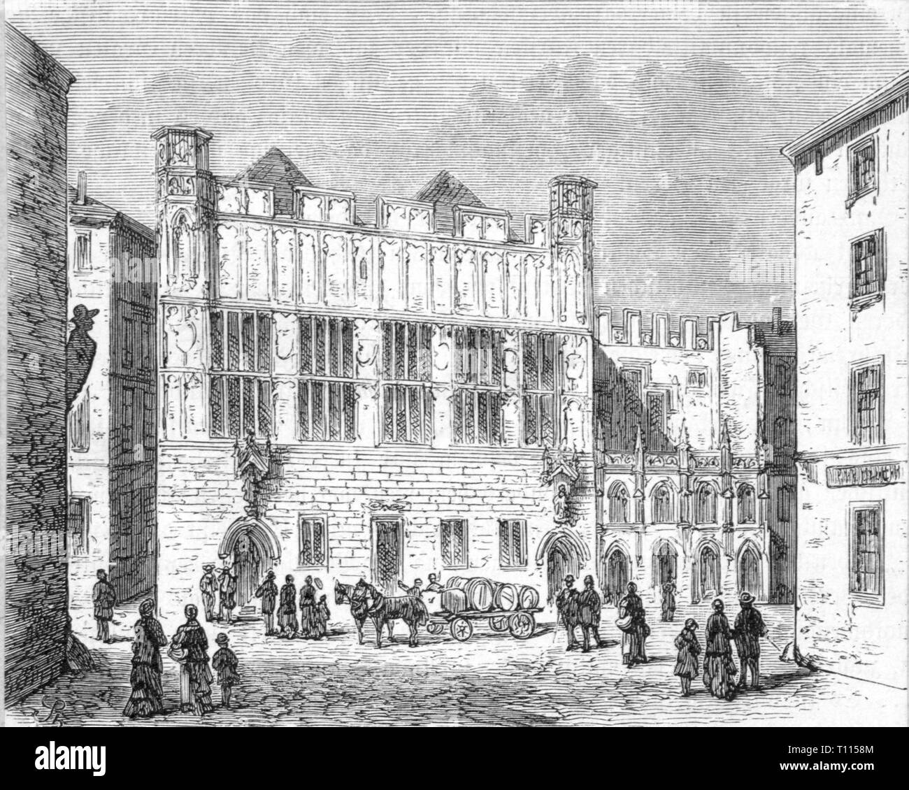 Germany, cities and communities, Cologne, building, House Guerzenich, exterior view, wood engraving, 19th century city, people, houses, street, streets, lane, lanes, cart, carts, horse-drawn vehicle, transport, transportation, Rhineland, North Rhine-Westphalia, Kingdom of Prussia, Rhine Province, German Empire, Imperial Era, Europe, building, buildings, historic, historical, Gurzenich, Gürzenich, Artist's Copyright has not to be cleared Stock Photo