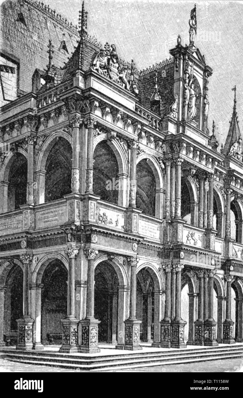 Germany, cities and communities, Cologne, building, city hall, loggia, exterior view, wood engraving, later 19th century, city, loggia, architecture, municipality, Rhineland, North Rhine-Westphalia, North-Rhine, Rhine, Westphalia, Nordrhein-Westfalen, Nordrhein-Westphalen, Kingdom of Prussia, Rhine Province, German Empire, Imperial Era, Europe, building, buildings, city hall, town hall, townhall, town halls, townhalls, city halls, historic, historical, Artist's Copyright has not to be cleared Stock Photo