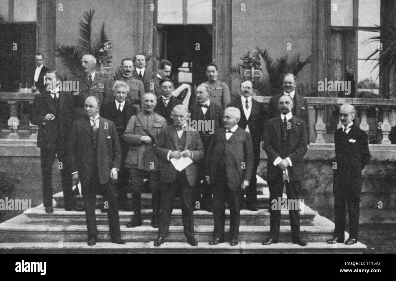 politics, conference, conference of Boulogne, June 1920, participant, 1st row, from left: Lord George Curzon, Ferdinand Foch, David Lloyd George, Carlo Sforza, Paul Hymans, 2nd row, from left: Austen Chamberlain, Henri Jaspar, Ishii Kikuj, an interpreter, Frederic Francois-Marsal, Edward Stanley Earl of derby, 3rd row, from left: Henry Hughes Wilson, Maxime Weygand, Henri Berthelot, Japanese officer, Boulogne-sur-Mer, sur Mer, politician, politicians, military, consultations about war reparations, war reparation, war reparations, Germany, men, ma, Additional-Rights-Clearance-Info-Not-Available Stock Photo