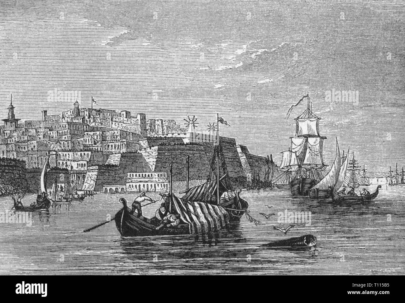 historic geography / travel, Malta, cities and communities, Valetta, view, wood engraving based on drawing by Bertrand, 2nd half 19th century, city, harbour, harbor, harbours, harbors, port, ports, fort, forts, fortress, fortresses, fortification, city fortifications, sea, seas, Mediterranean Sea, isle, islands, bay, bays, crown colony British, colony, colonies, Great Britain, British Empire, ransport, transportation, navigation, sailing ship, sailing ships, boat, boats, view, views, historic, historical, people, Artist's Copyright has not to be cleared Stock Photo