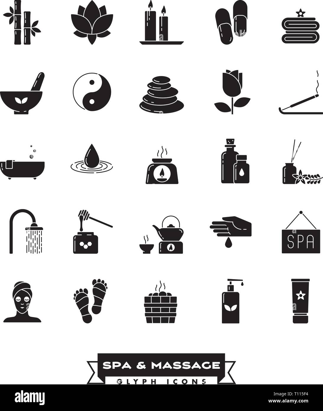 Collection of health spa, massage and relaxation glyph icons vector illustration Stock Vector