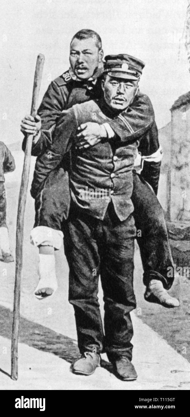 Russo-Japanese war 1904 - 1905, a Japanese soldier is carrying a wounded Russian soldier, summer 1905, Russo - Japanese, army, armies, military, hurt, Manchuria, China, empires, Japan, Japanese empire, 20th century, 1900s, war, wars, soldier, soldiers, carrying, carry, casualty, casualties, historic, historical, people, Additional-Rights-Clearance-Info-Not-Available Stock Photo