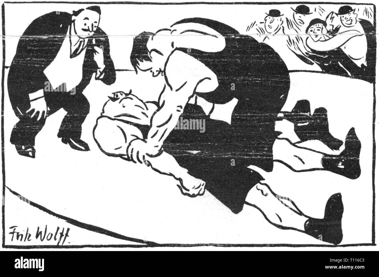 sports, wrestling, caricature, defeated, the shoulder are lying on the ground, the referee gives the ending signal with the whistle, series 'Berlin Life', drawing by Fritz Wolff, 1913, Artist's Copyright has not to be cleared Stock Photo