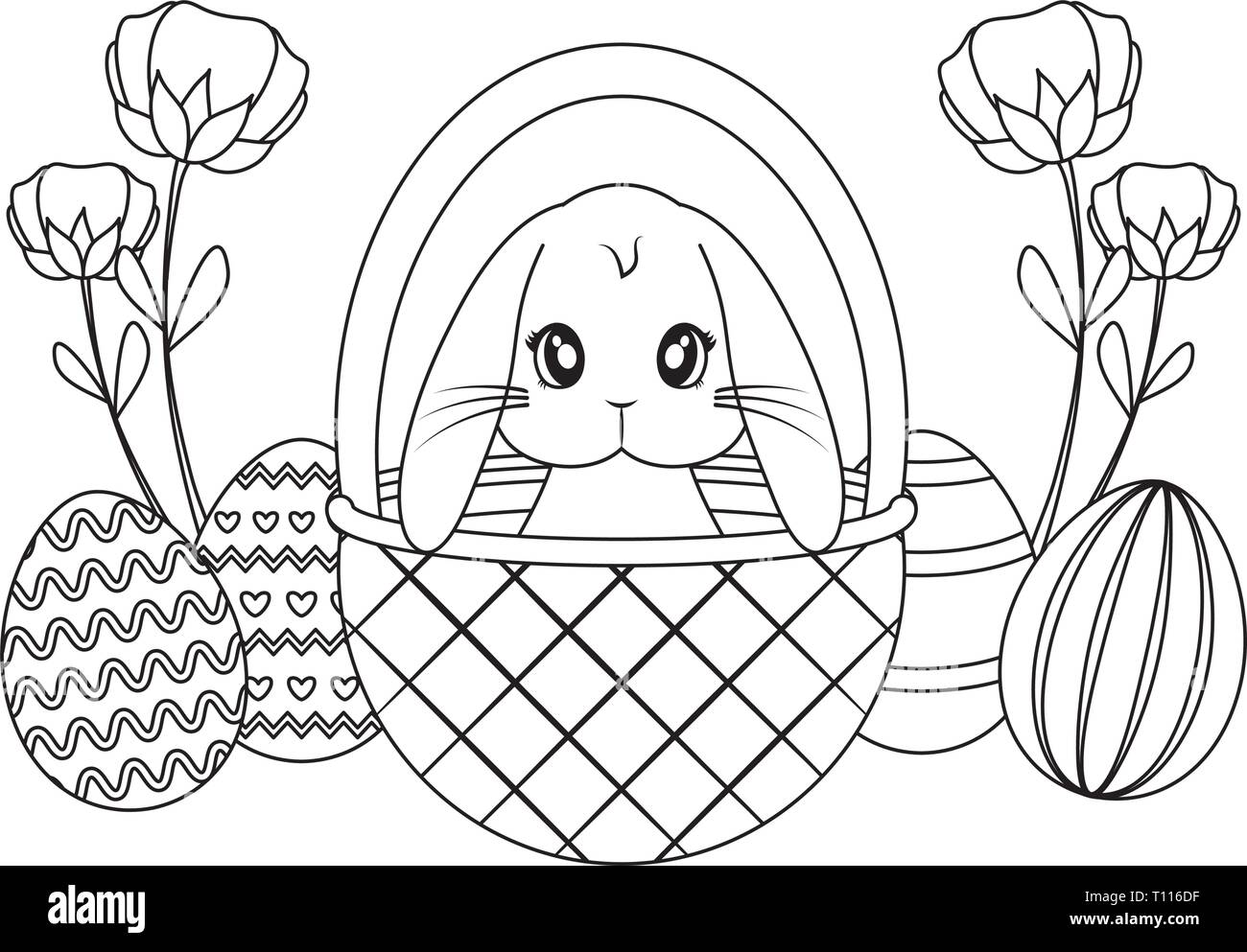 cute rabbit with basket and eggs of easter vector illustration design ...