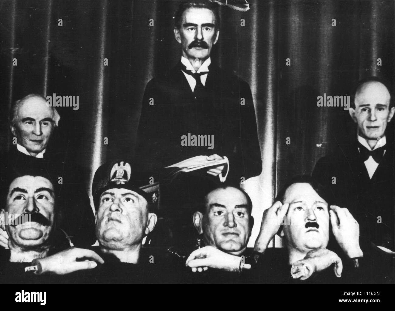 geography / travel historic, Great Britain, cities and communities, London, museums, Madame Tussauds, wax figures and heads of European politicians, forward row from left: Joseph Stalin, Benito Mussolini, Edouard Daladier, Adolf Hitler, rearward row from left: John Simon, Arthur Neville Chamberlain, Edward Wood Lord Halifax, 1939, Additional-Rights-Clearance-Info-Not-Available Stock Photo