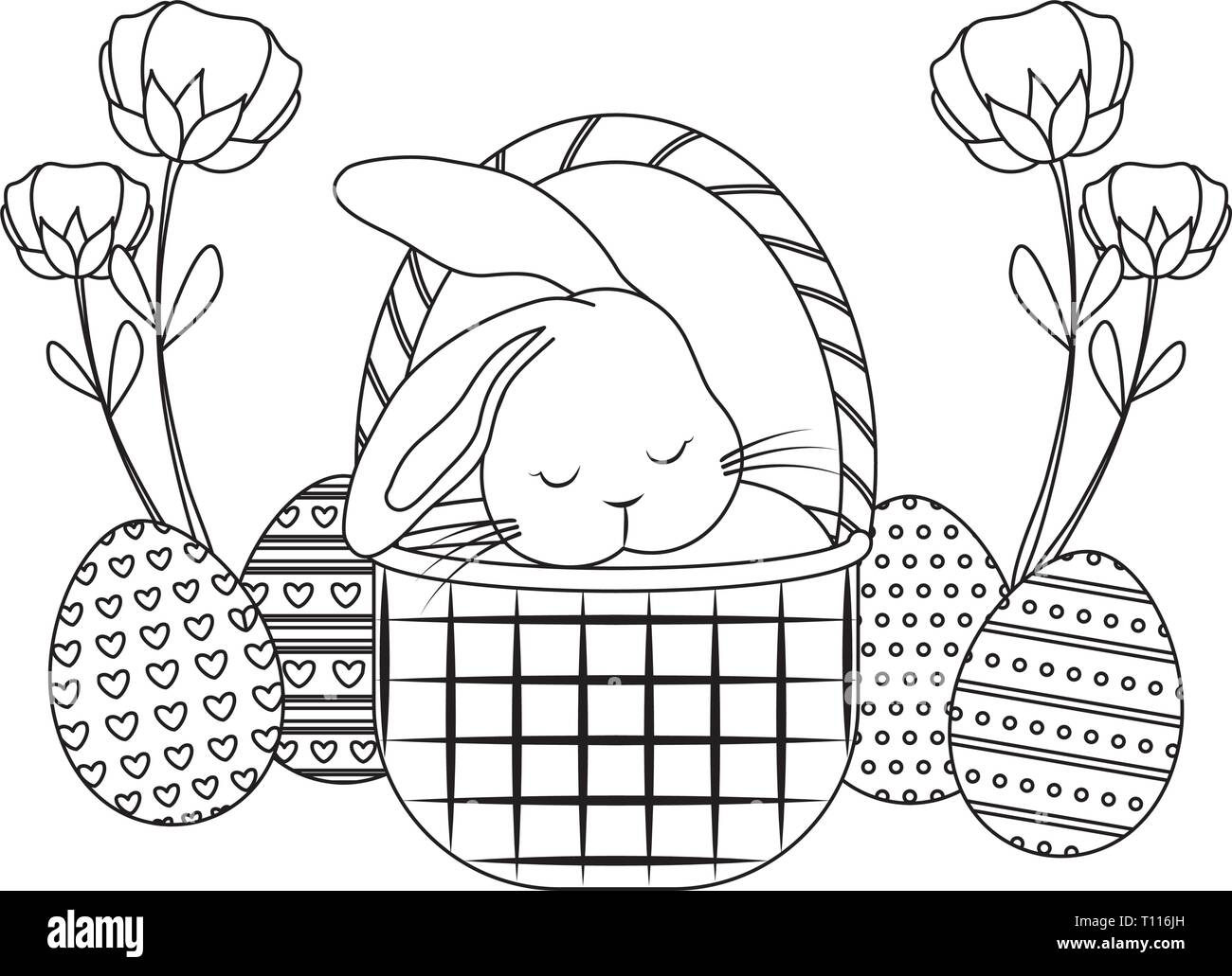 cute rabbit with basket and eggs of easter vector illustration design ...