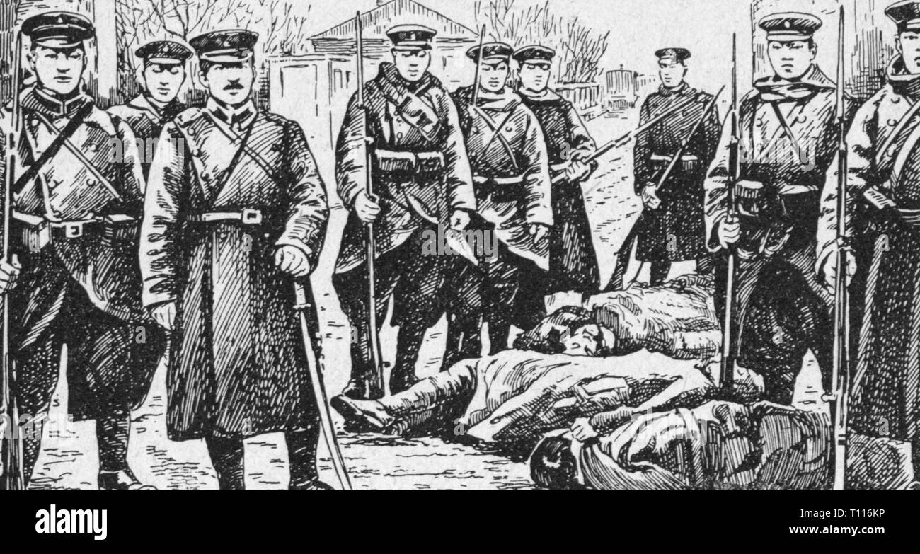 Russian Civil War 1917 - 1922, intervention of the Japanese, massacre in the Primorye region, 1920, contemporary drawing, Siberian intervention, Eastern Siberia, coastal region, costal regions, soldiers, soldier, war crime, war crimes, military, dead, army, armies, Russia, Japanese empire, Japan, empire, empires, 20th century, 1920s, massacre, massacres, region, area, zone, regions, areas, zones, historic, historical,Menschen, people, Artist's Copyright has not to be cleared Stock Photo