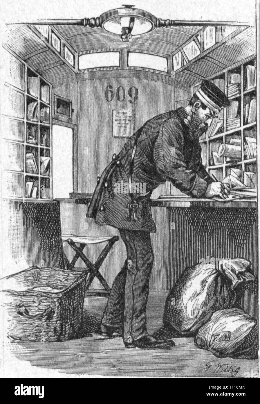 mail, street mail coach of the German Reichspost (Reich Mail) in Berlin, interior view, wood engraving, circa 1890, Additional-Rights-Clearance-Info-Not-Available Stock Photo