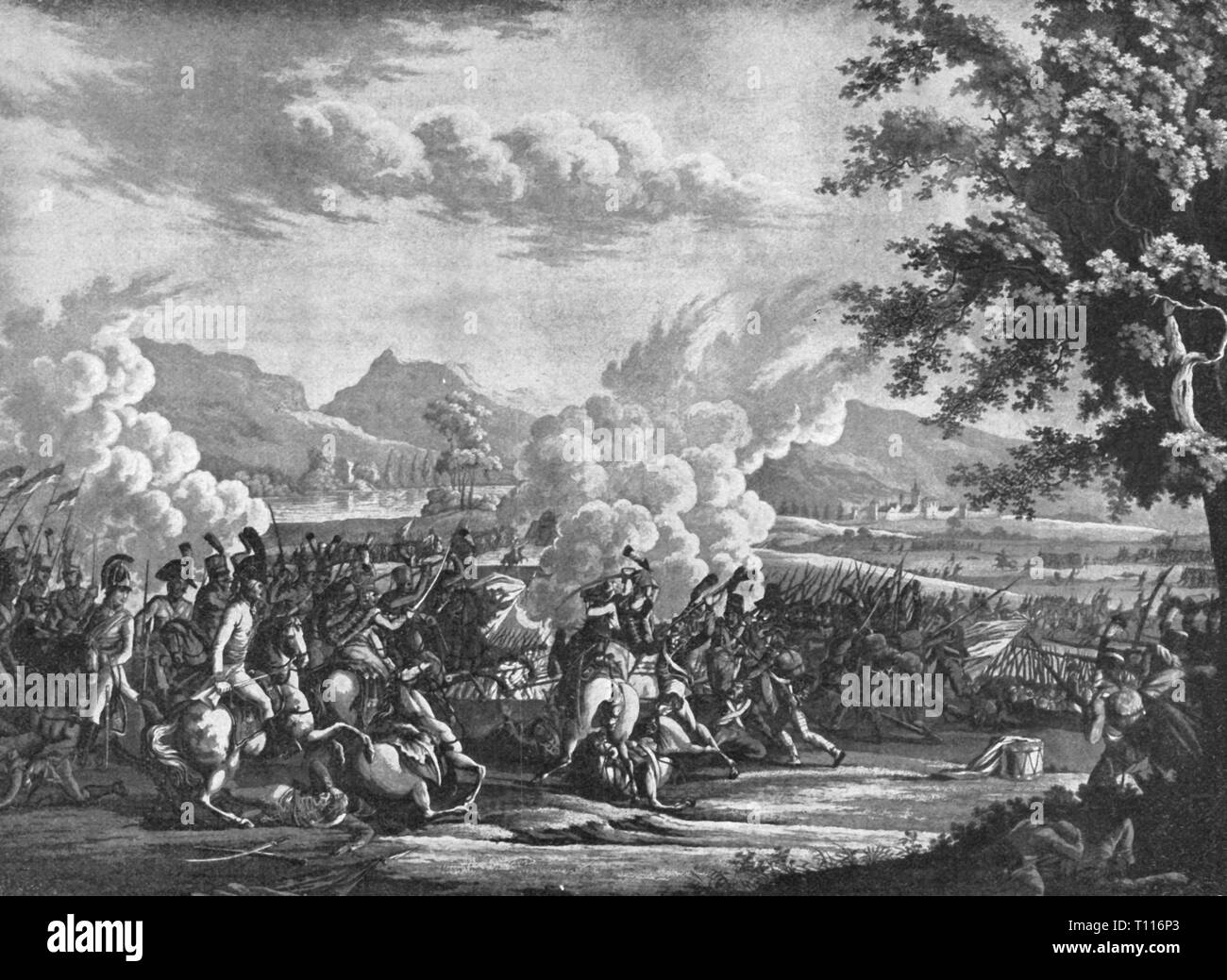 second coalition war 1798 - 1802, Battle of Magnano, 5.4.1799, print based on copper engraving by Johann Lorenz Rugendas, 1st half 19th century, Battle of Verona, French Revolutionary Wars, Napoleonic Wars, war, wars, French, Austrian, French army, Imperial army, Italy, Piedmont, Republic of France, Austria, Holy Roman Empire, HRE, people, 18th century, second, 2nd, print, printings, historic, historical, Additional-Rights-Clearance-Info-Not-Available Stock Photo