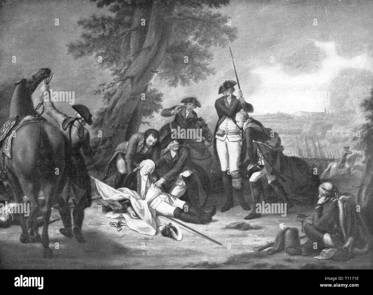 Seven Years War 1756 - 1763, European theatre of war, Bohemia, Battle of Prague, 6.5.1757, death of the Prussian field marshal Kurt Christoph count of Schwerin, print based on painting by Johann Christoph fresh, late 18th century, Third Silesian War, nobility, aristocracy, military, army, armies, officer, officers, Prussian Field Marshal General, people, men, man, group, groups, Kingdom of Prussia, casualties, fallen, wars, theatre of war, theatres of war, battle, battles, Prague, Praha, print, printings, historic, historical, Artist's Copyright has not to be cleared Stock Photo