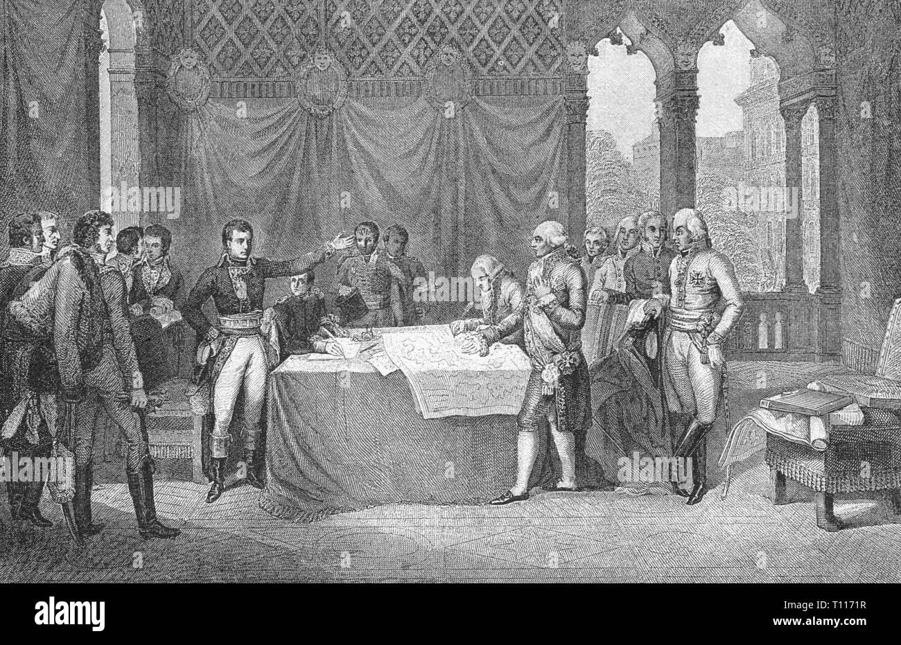 War of the First Coalition 1792 - 1797, Treaty of Leoben, 18.4.1797, signing by the French general Napoleon Bonaparte and the Imperial general Maximilian Friedrich von Merveldt, wood engraving based on painting by Guillaume Guillon-Lethiere, 1806, preliminary treaty, peace agreement, peace treaty, peace agreements, peace treaties, sign, undersign, undersigning, politics, policy, war, wars, document, documents, French Revolutionary Wars, Styria, Austria, France, republic, republics, people, Holy Roman Empire, HRE, 18th century, Guillon, Lethiere, 19th c, Artist's Copyright has not to be cleared Stock Photo