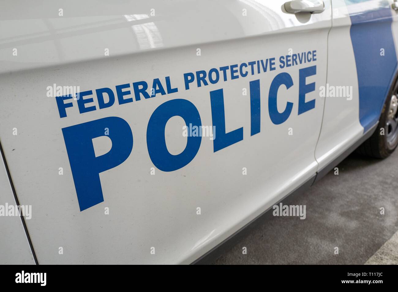 Close-up of text reading Federal Protective Service Police on the side of a police vehicle in San Francisco, California, February 25, 2019. () Stock Photo