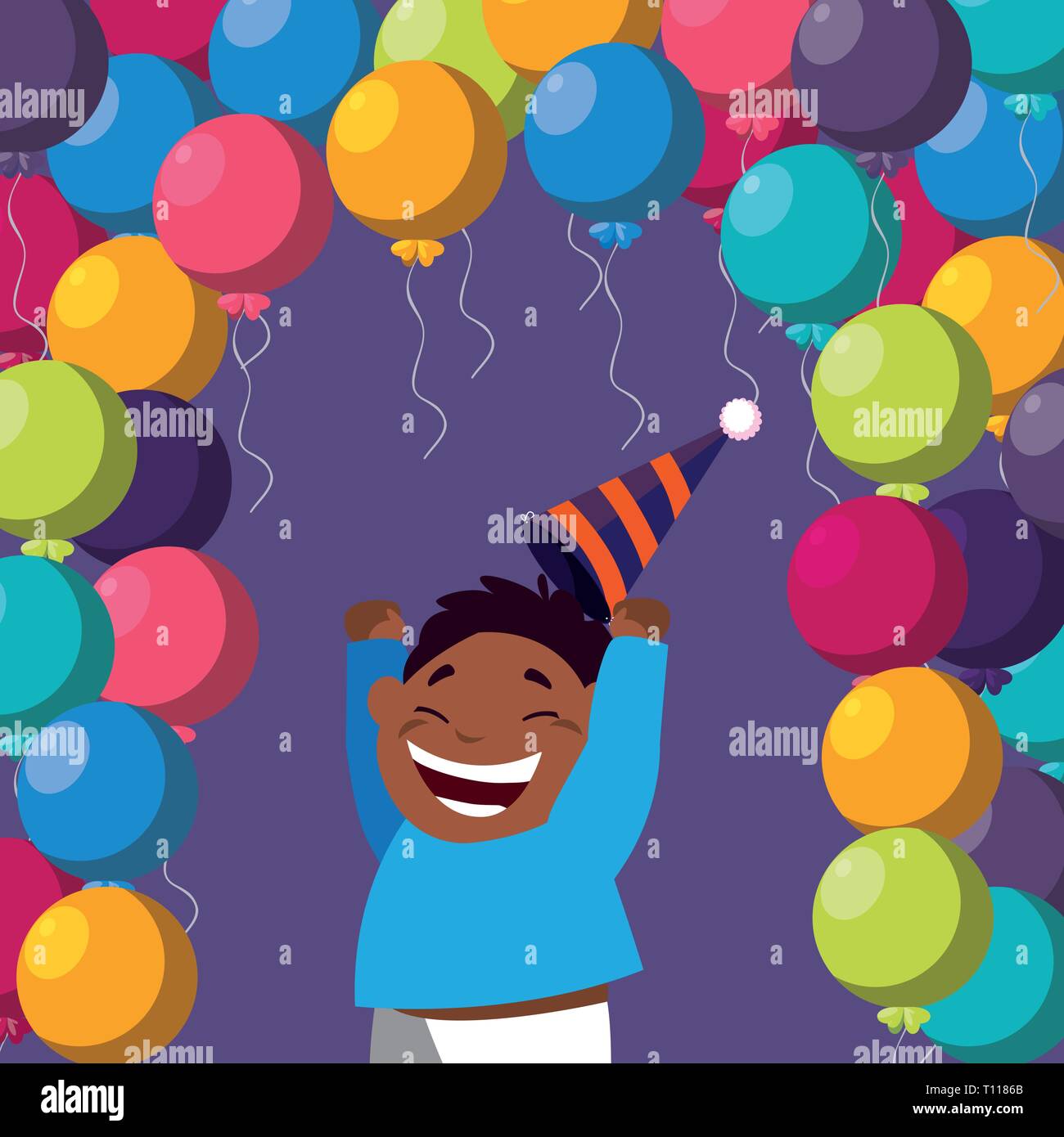 cute happy black boy with birthday balloons helium vector illustration ...