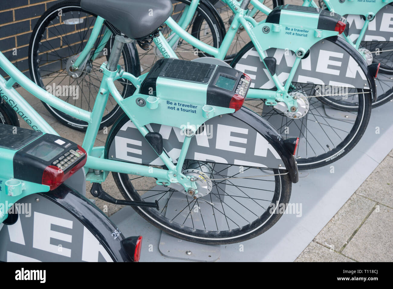 photos of the BTN Brighton Bike Hire Scheme bikes being used out on the streets by real people and in storage Stock Photo