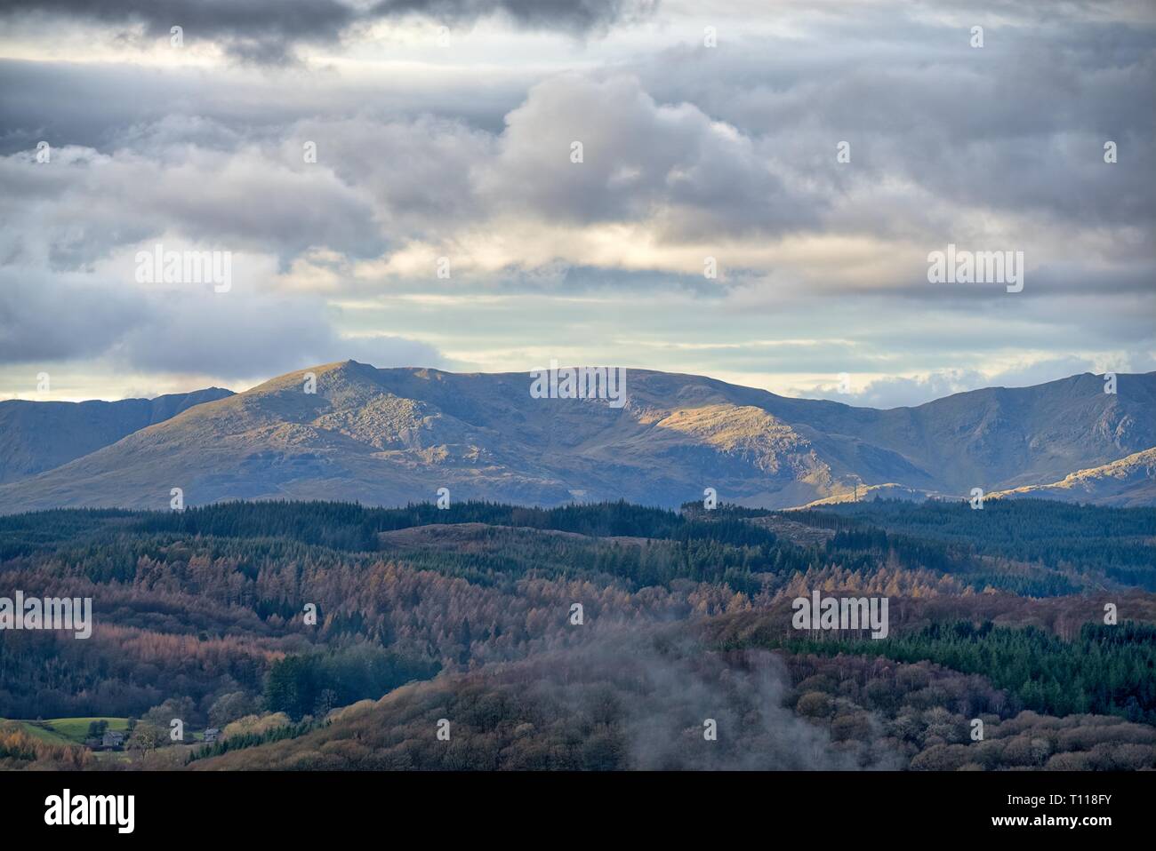 A panoramic view of the Coniston fells in the English Lake District. Stock Photo