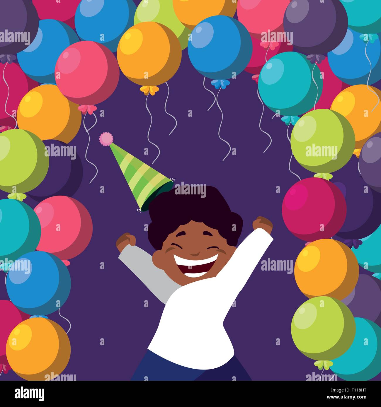 cute happy black boy with birthday balloons helium vector illustration ...