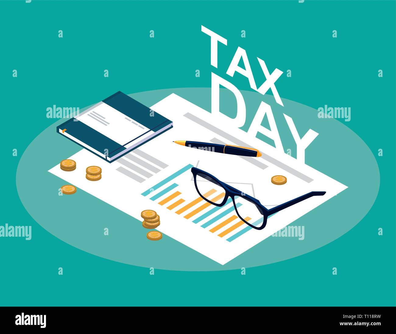 tax day with statistic document and set icons vector illustration ...