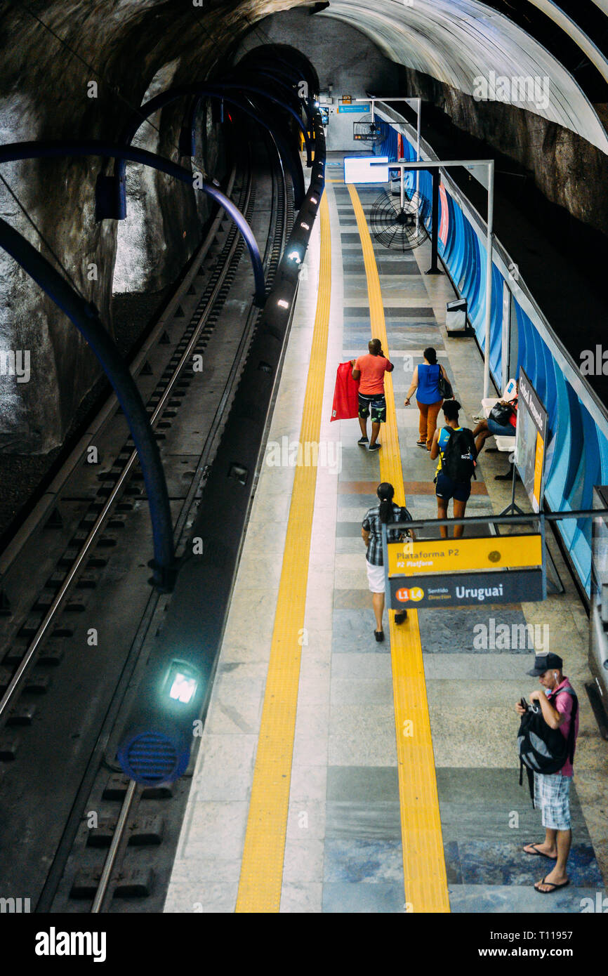 Rio de Janeiro, Brazil - March 21st, 2019: Travelers wait for metro at Arcoverde station in Copacabana, Rio de Janeiro, Brazil Stock Photo