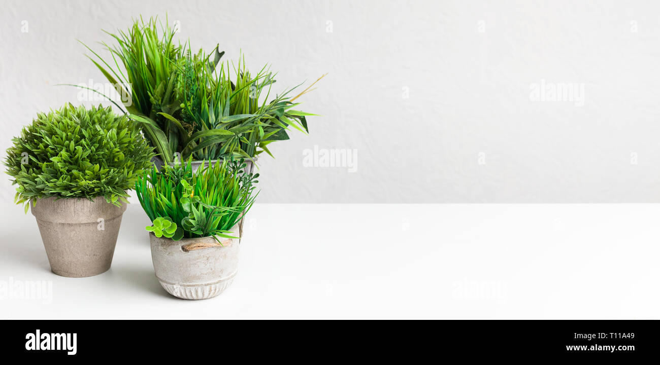 Collection of various artificial plants in different pots Stock Photo