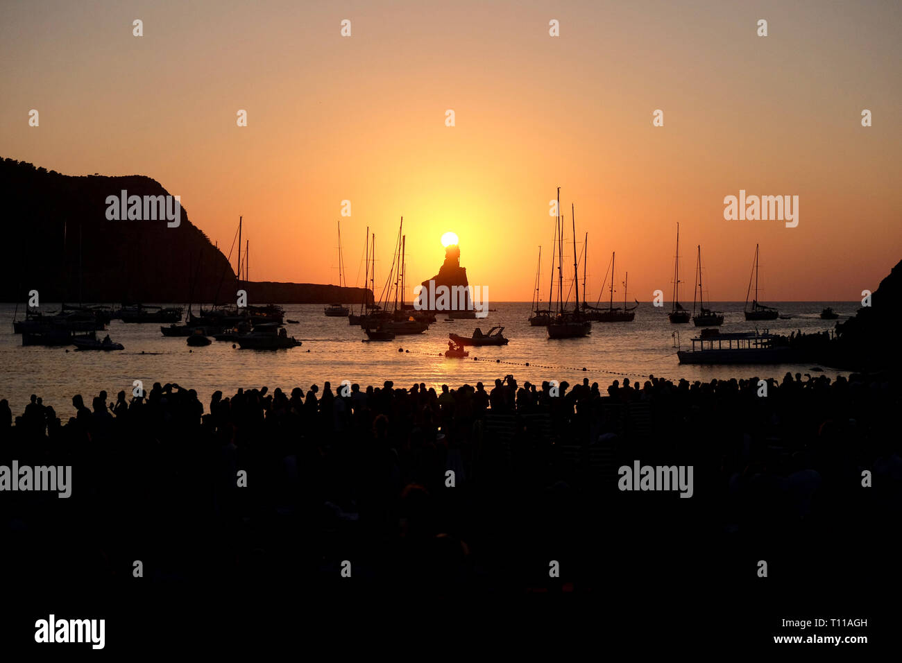 Beautiful island of Ibiza sunset,Cala Benirras beach, Spain, a sequence of images from the same viewpoint, view to Cap Bernat Stock Photo