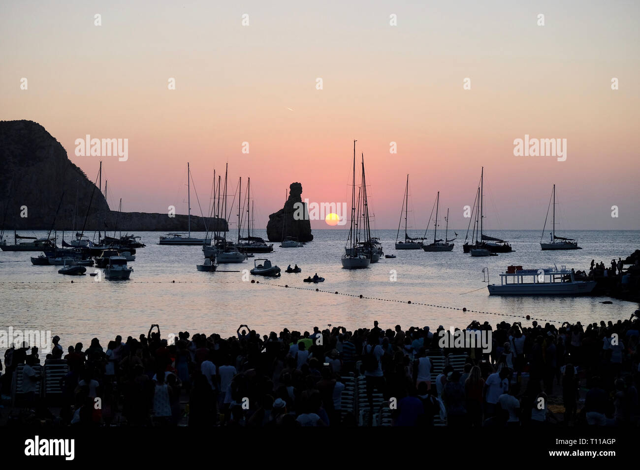 Beautiful island of Ibiza sunset,Cala Benirras beach, Spain, a sequence of images from the same viewpoint, view to Cap Bernat Stock Photo