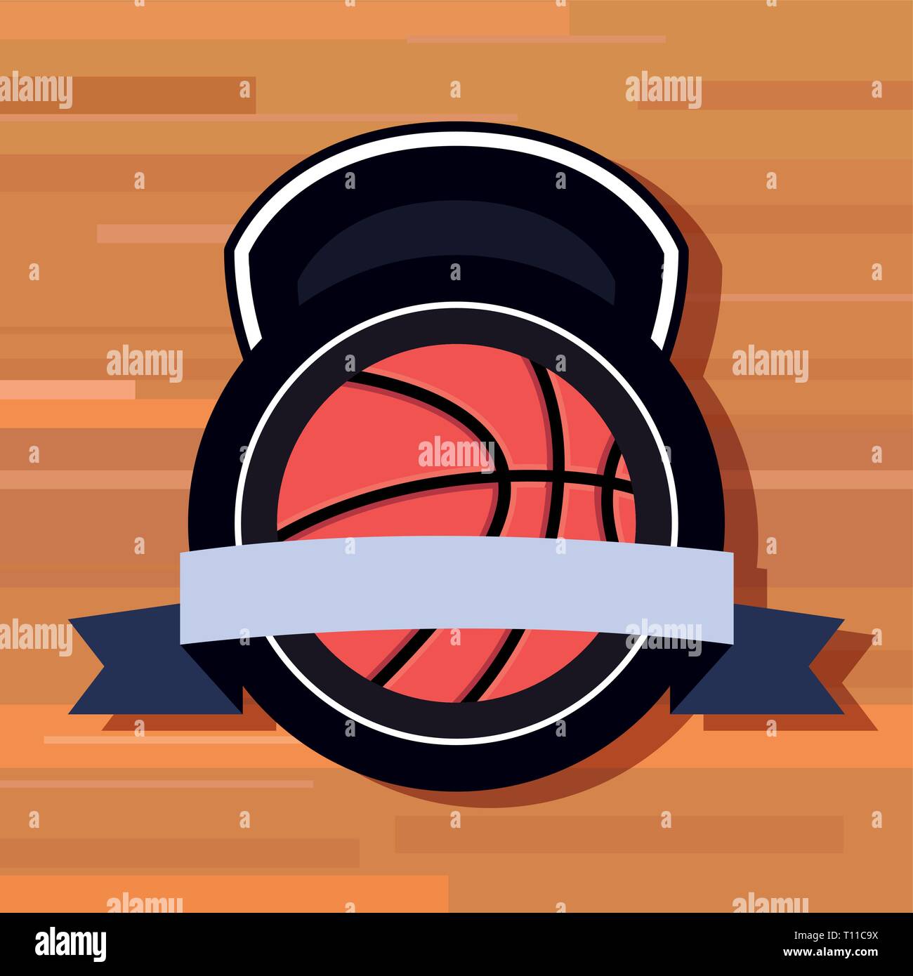 basketball sport ball ribbon badge wooden background vector ...