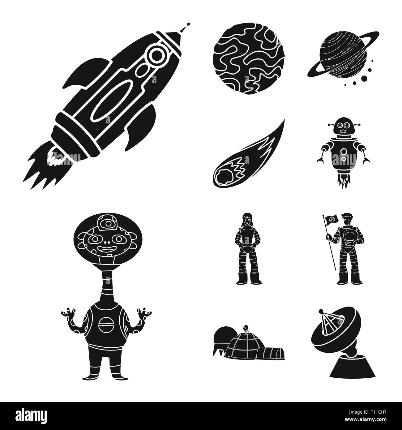rocket,planet,comet,robot,alien,astronaut,base,antenna,launch,mars,system,asteroid,program,woman,man,satellite,ship,star,solar,meteor,future,fantasy,suit,cosmonaut,dish,spaceship,gravity,orbit,colonization,sky,space,galaxy,universe,travels,science,cosmic,astronomy,technology,set,vector,icon,illustration,isolated,collection,design,element,graphic,sign,black,simple Vector Vectors , Stock Vector