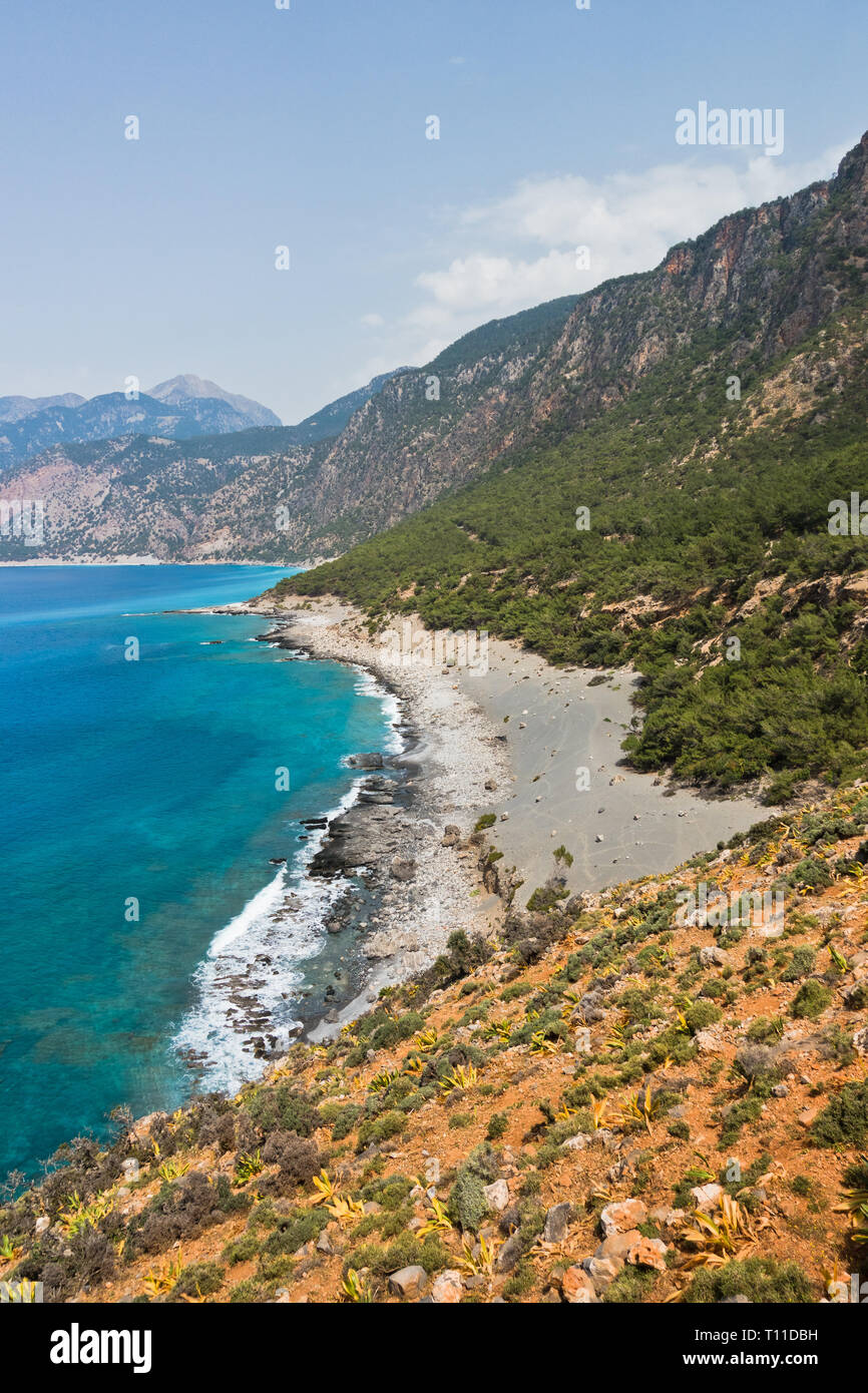 View on Agios Pavlos beach from e4 trail between Loutro and Agia Roumeli at south-west od Crete island, Greece Stock Photo