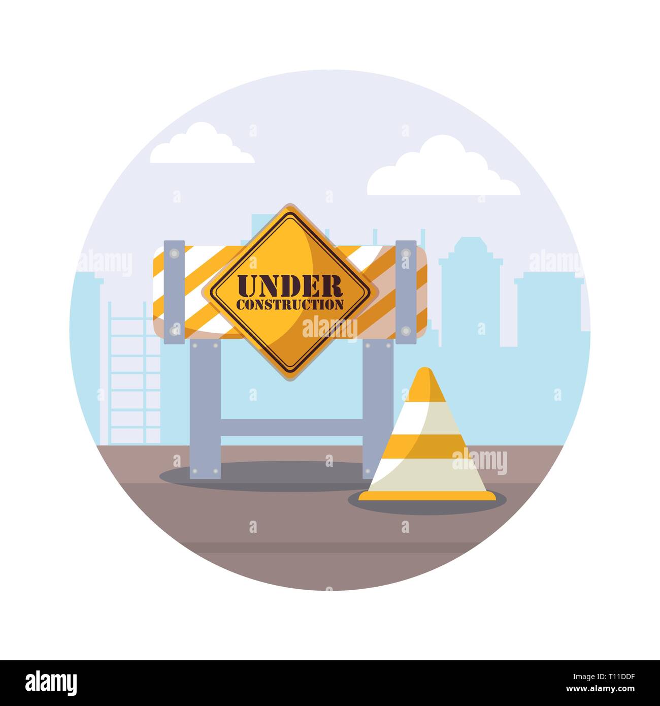 under construction label with barricade fence vector illustration ...