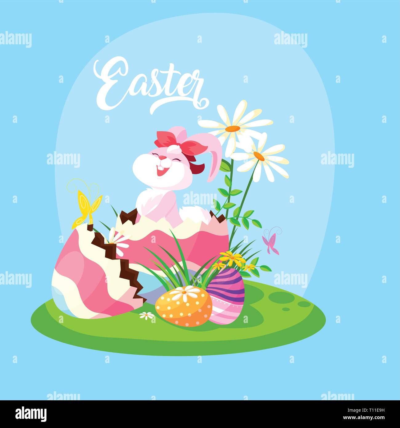 cute female rabbit with eggs of easter in garden vector illustration ...