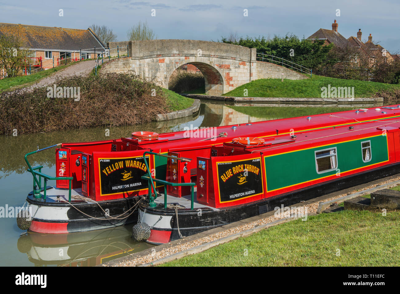 The Kennet and Avon Canal at Hilperton Wiltshire with narrowboats moored up opposite the stone bridge across the canal. Stock Photo