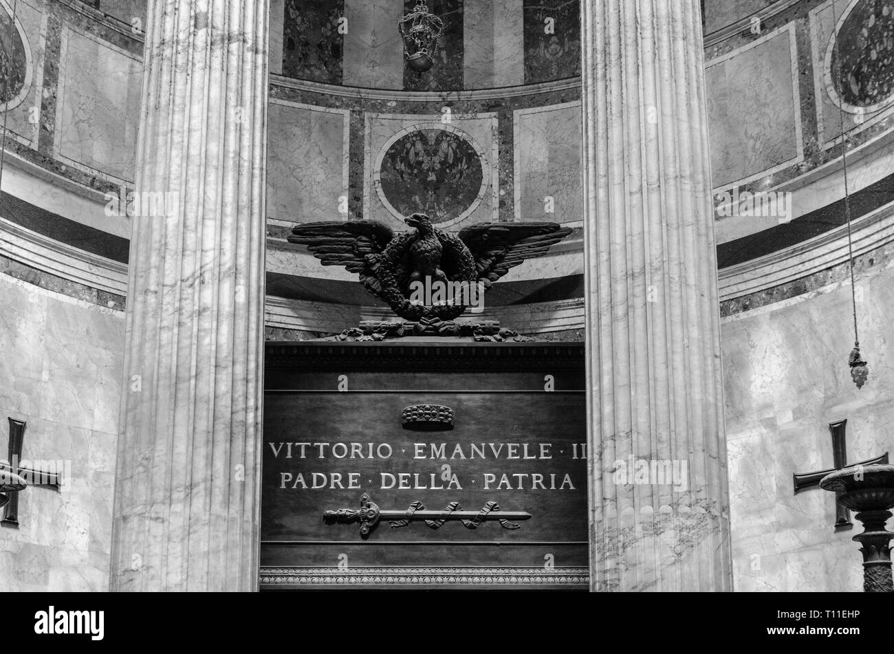 ROME, ITALY, APRIL 27, 2017: A black and white photograph documenting the burial site of Vittorio Emanuele II in the Pantheon Stock Photo