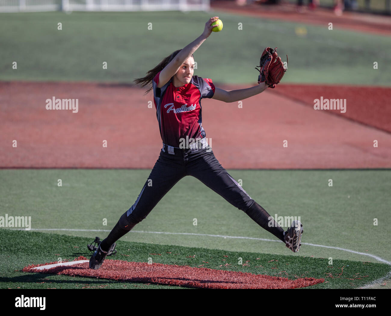 Softball action with Chico vs. Del Norte in Redding, California Stock