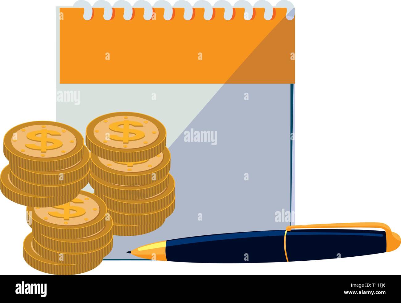 calendar reminder with coins and pen vector illustration design Stock ...