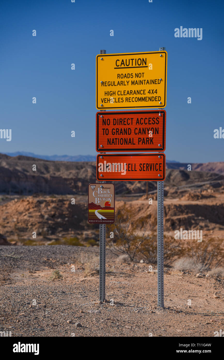 Roadway cautionary signs on access to Gold Butte National Monument, Mesquite, Nevada Stock Photo