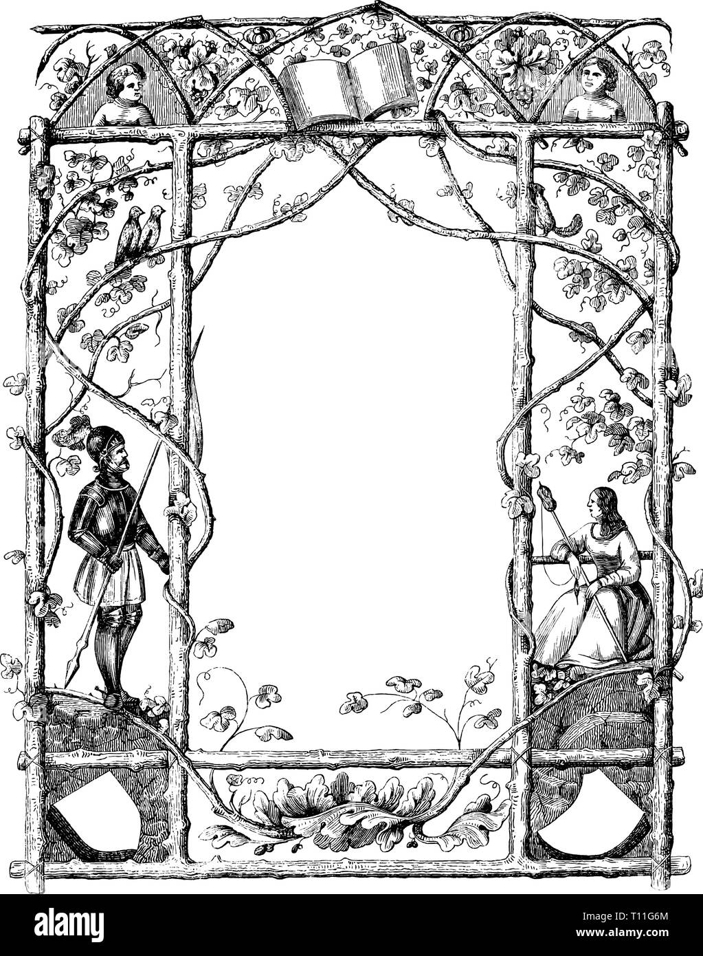 Vintage antique line drawing or engraving of ornate frame with natural theme and with knight and woman. Prague Messenger 1846. Author not defined. Stock Vector