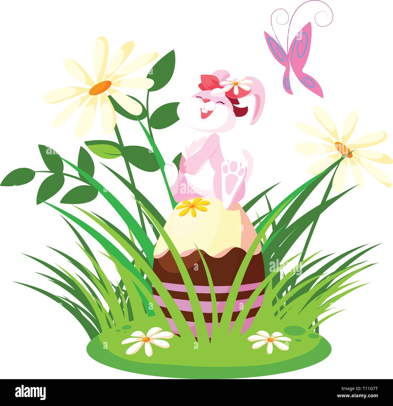 cute rabbit easter female with egg painted in the camp vector ...