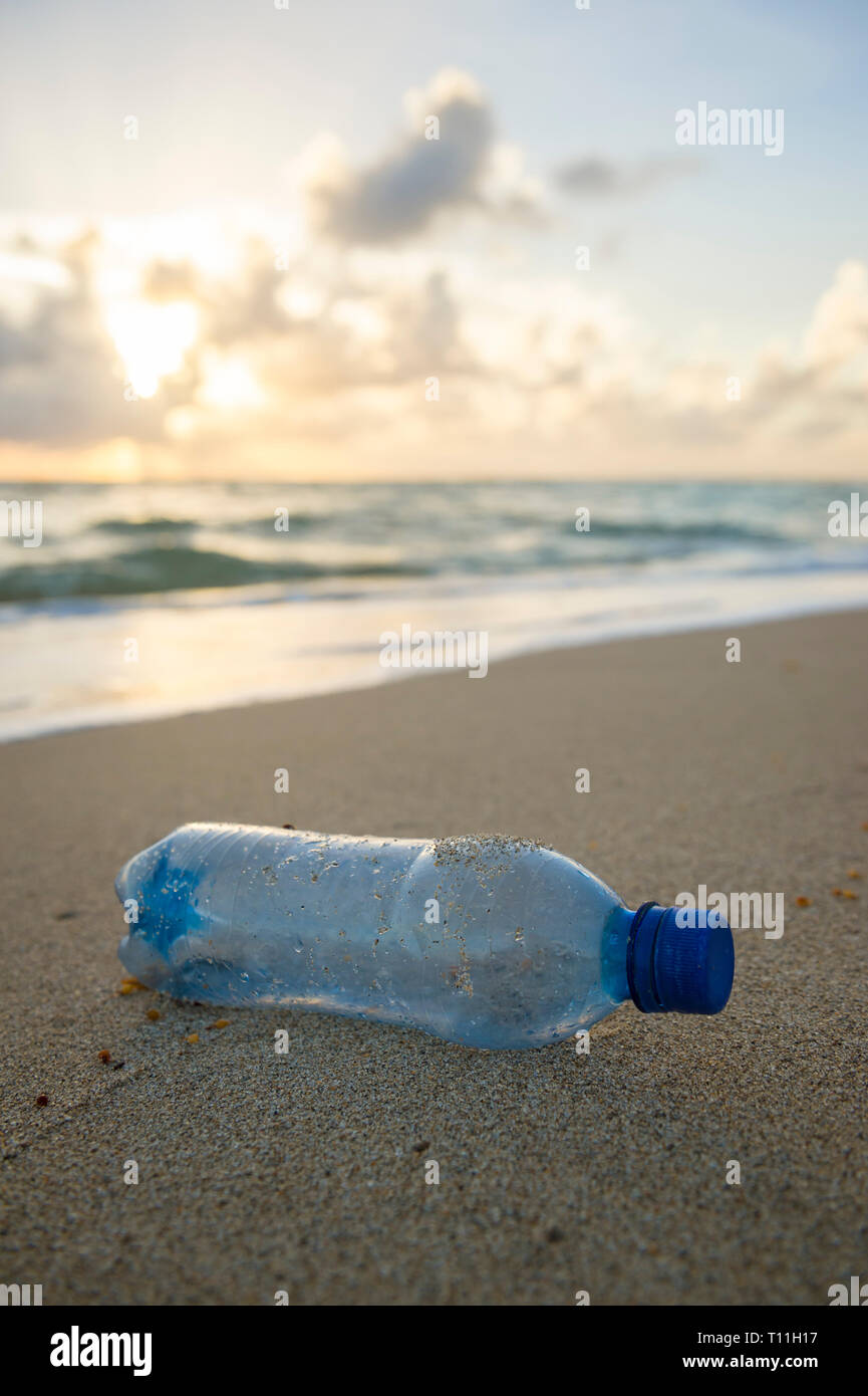 Used plastic water bottle washed up on the shore of a tropical beach, highlighting the worldwide crisis of plastic pollution on even remote islands Stock Photo