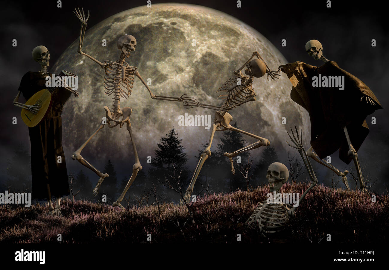 In this horror scene, three skeletons dance in the moonlight while a forth plays the lute.  Meanwhile, another skeleton emerges from the ground. Stock Photo